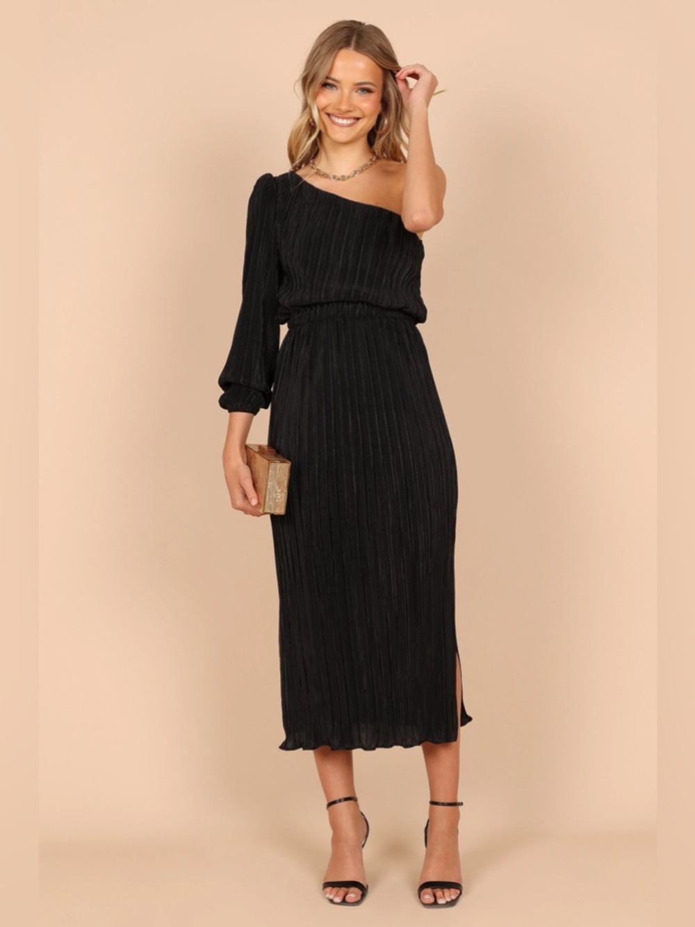 Petal & Pup Pontee One Shoulder Pleated Midi Dress Size Medium Black